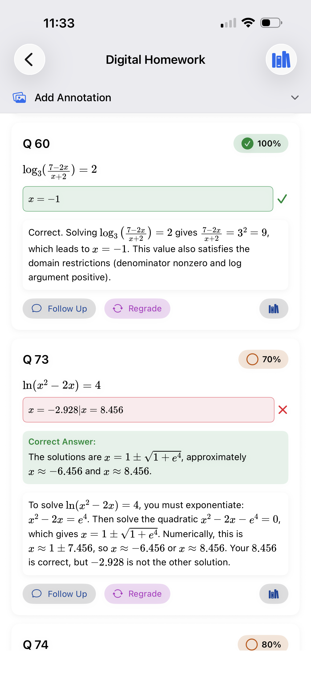 Graded homework showing detailed explanations per question